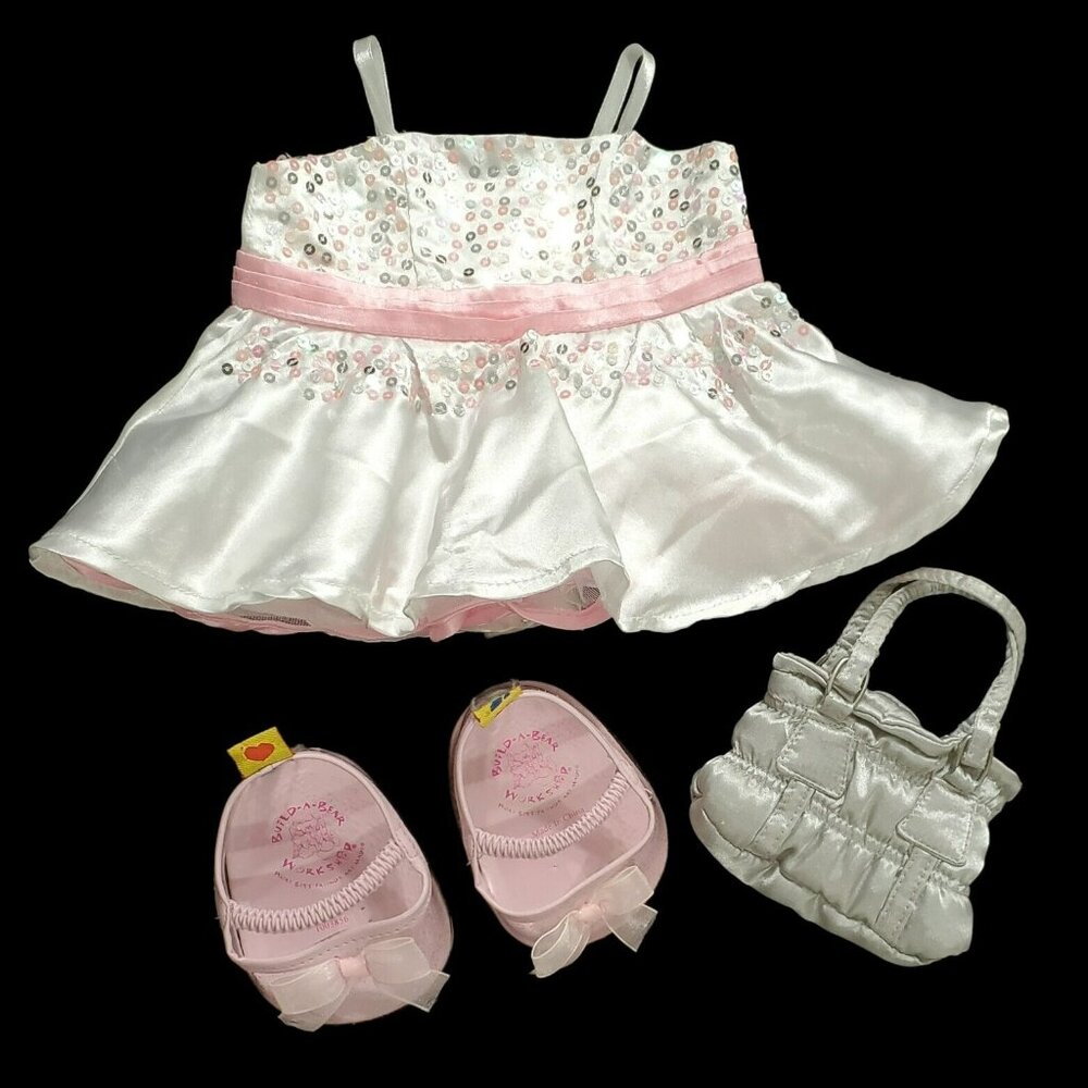 Build a Bear Dress White Pink Sequin Glitter Shoes Purse Wedding Birthday Party